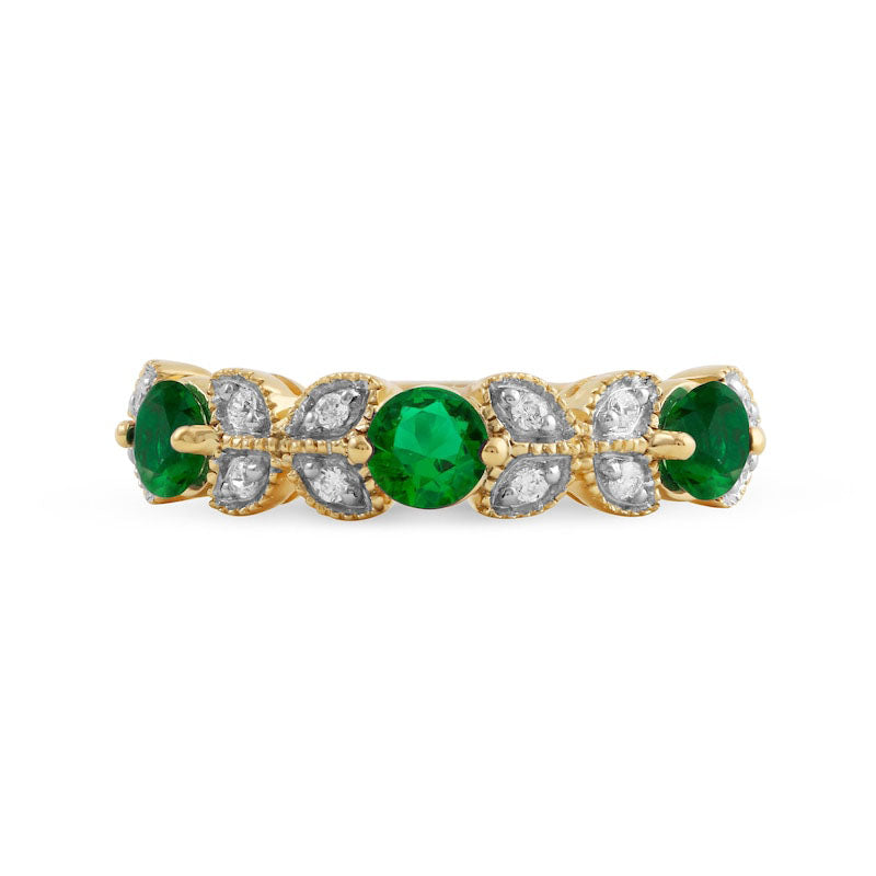 4.0mm Emerald and 0.10 CT. T.W. Natural Diamond Leaf Accents Antique Vintage-Style Three Stone Ring in Solid 10K Yellow Gold