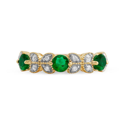 4.0mm Emerald and 0.10 CT. T.W. Natural Diamond Leaf Accents Antique Vintage-Style Three Stone Ring in Solid 10K Yellow Gold