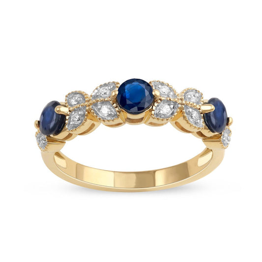 4.0mm Blue Sapphire and 0.10 CT. T.W. Natural Diamond Leaf Accents Antique Vintage-Style Three Stone Ring in Solid 10K Yellow Gold