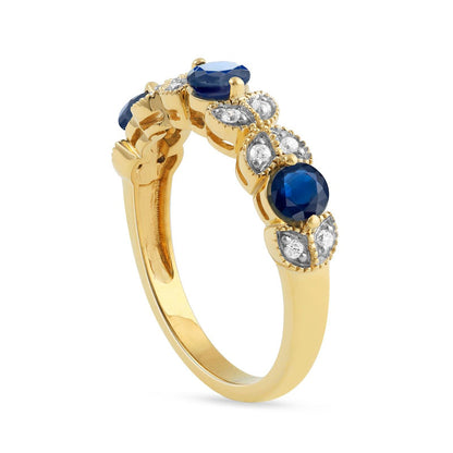 4.0mm Blue Sapphire and 0.10 CT. T.W. Natural Diamond Leaf Accents Antique Vintage-Style Three Stone Ring in Solid 10K Yellow Gold