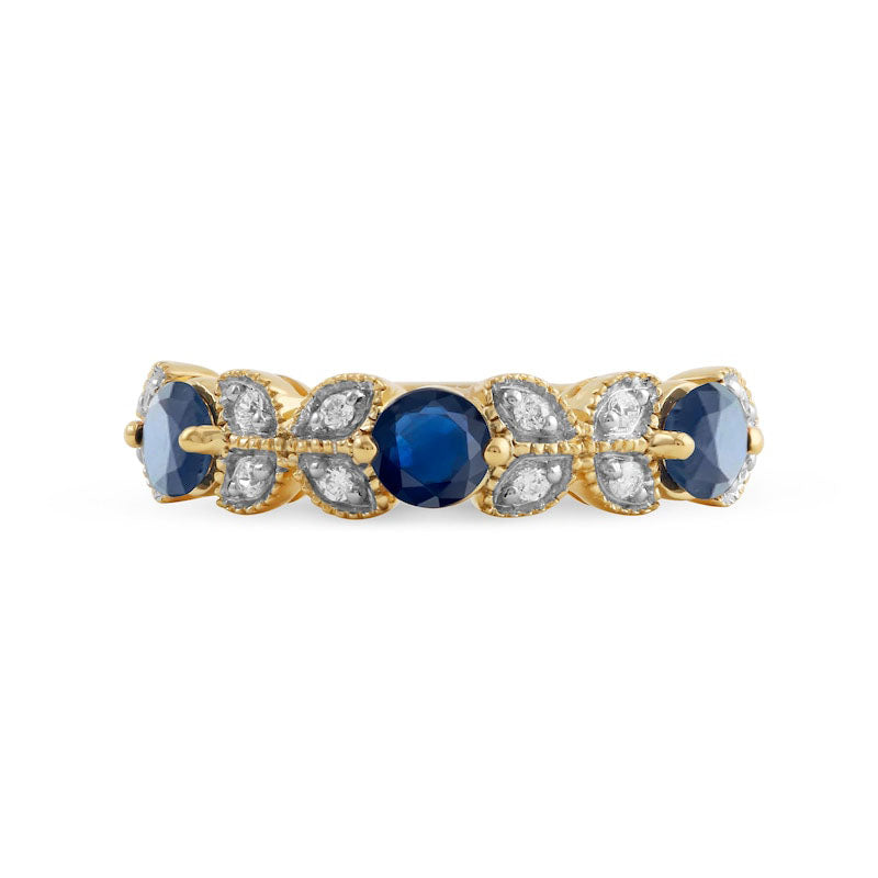 4.0mm Blue Sapphire and 0.10 CT. T.W. Natural Diamond Leaf Accents Antique Vintage-Style Three Stone Ring in Solid 10K Yellow Gold