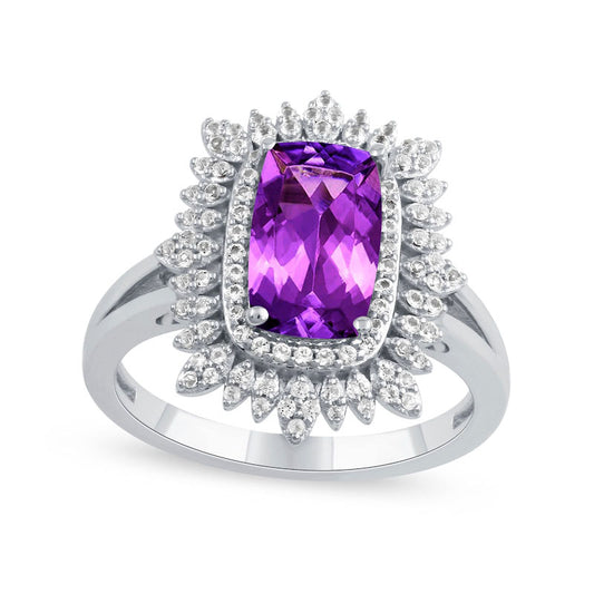 Cushion-Cut Amethyst and White Topaz Floral Frame Split Shank Ring in Solid 10K White Gold
