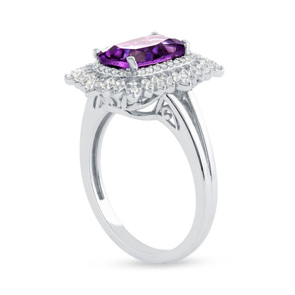 Cushion-Cut Amethyst and White Topaz Floral Frame Split Shank Ring in Solid 10K White Gold