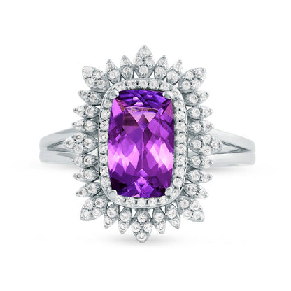 Cushion-Cut Amethyst and White Topaz Floral Frame Split Shank Ring in Solid 10K White Gold