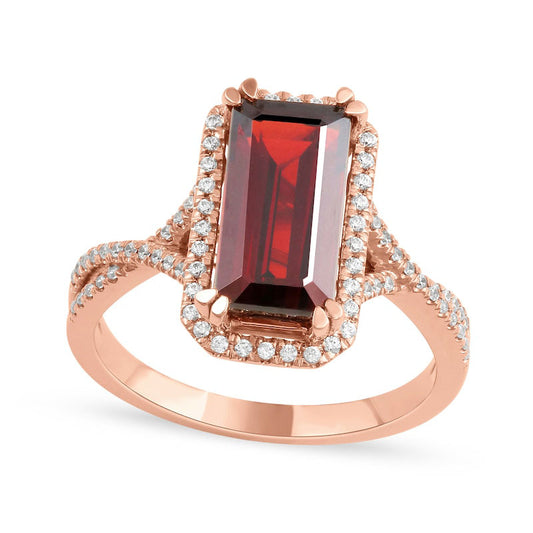 Emerald-Cut Garnet and 0.25 CT. T.W. Natural Diamond Octagonal Frame Crossover Shank Ring in Solid 10K Rose Gold