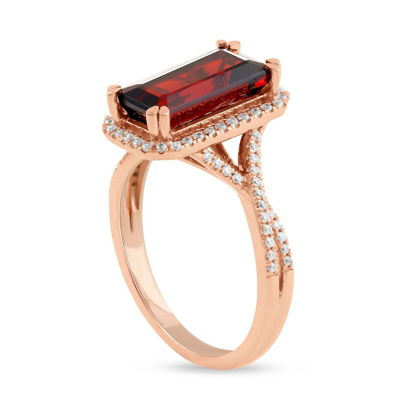 Emerald-Cut Garnet and 0.25 CT. T.W. Natural Diamond Octagonal Frame Crossover Shank Ring in Solid 10K Rose Gold