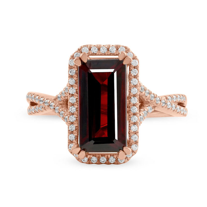 Emerald-Cut Garnet and 0.25 CT. T.W. Natural Diamond Octagonal Frame Crossover Shank Ring in Solid 10K Rose Gold