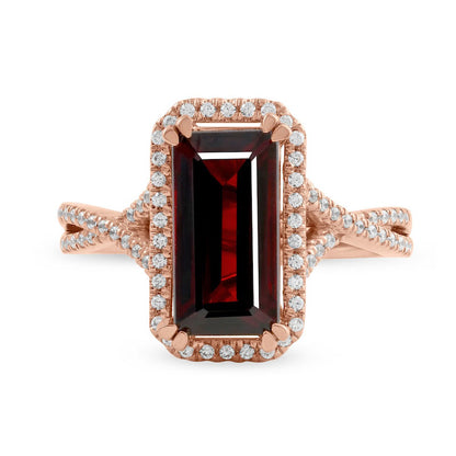 Emerald-Cut Garnet and 0.25 CT. T.W. Natural Diamond Octagonal Frame Crossover Shank Ring in Solid 10K Rose Gold