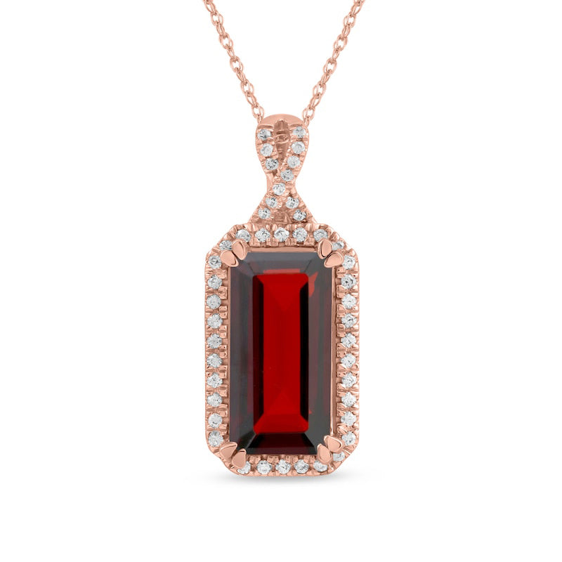 Emerald-Cut Garnet and 0.17 CT. T.W. Natural Diamond Octagonal Frame Twist Pendant in 10K Rose Gold
