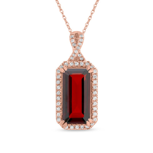 Emerald-Cut Garnet and 0.17 CT. T.W. Natural Diamond Octagonal Frame Twist Pendant in 10K Rose Gold