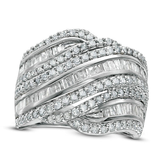 1.5 CT. T.W. Baguette and Round Natural Diamond Alternating Waves Ring in Solid 10K White Gold