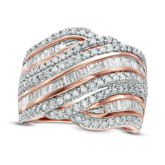 1.5 CT. T.W. Baguette and Round Natural Diamond Alternating Waves Ring in Solid 10K Rose Gold
