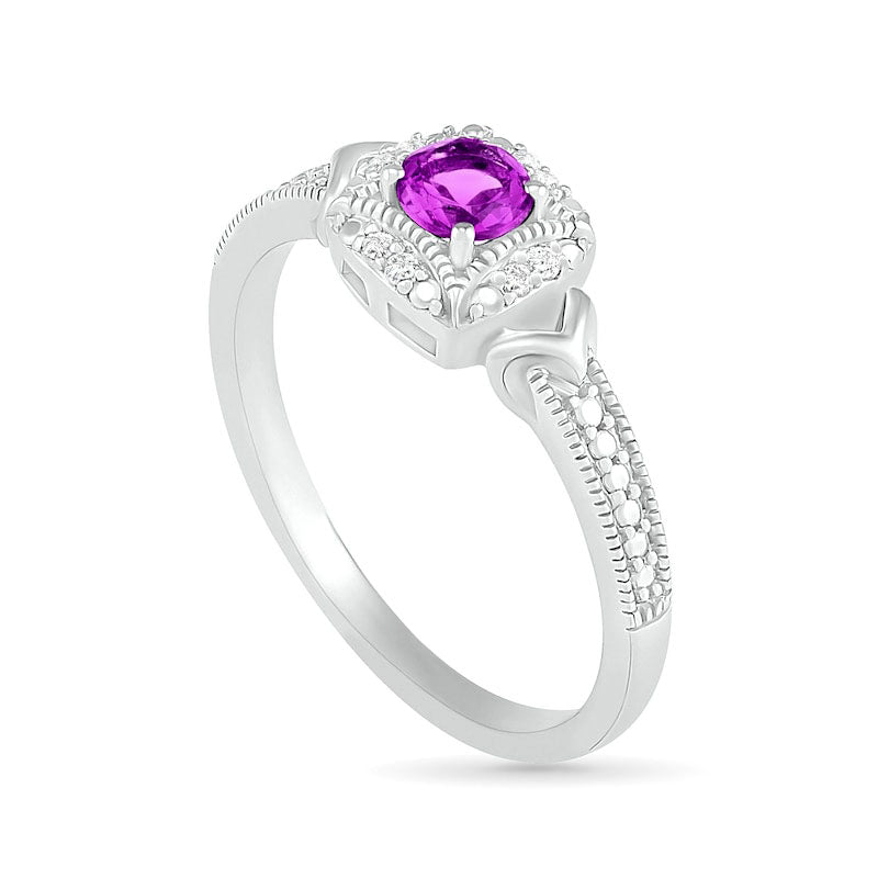 4.0mm Amethyst and 0.05 CT. T.W. Natural Diamond Cushion Frame Chevron Side Accent Antique Vintage-Style Ring in Sterling Silver