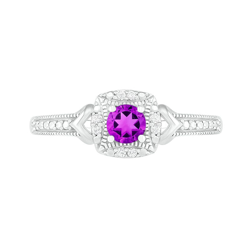 4.0mm Amethyst and 0.05 CT. T.W. Natural Diamond Cushion Frame Chevron Side Accent Antique Vintage-Style Ring in Sterling Silver