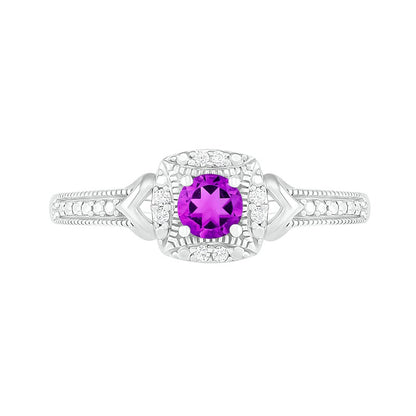 4.0mm Amethyst and 0.05 CT. T.W. Natural Diamond Cushion Frame Chevron Side Accent Antique Vintage-Style Ring in Sterling Silver
