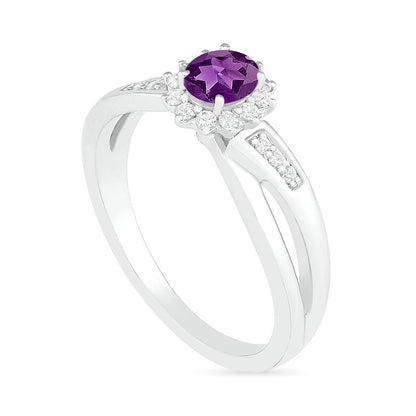 Oval Amethyst and Lab-Created White Sapphire Starburst Frame Crossover Split Shank Ring in Sterling Silver