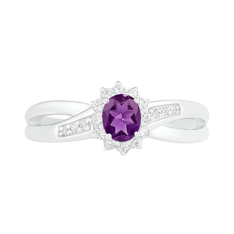 Oval Amethyst and Lab-Created White Sapphire Starburst Frame Crossover Split Shank Ring in Sterling Silver