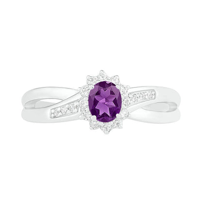 Oval Amethyst and Lab-Created White Sapphire Starburst Frame Crossover Split Shank Ring in Sterling Silver