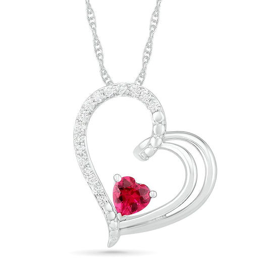5.0mm Lab-Created Ruby and Diamond Accent Tilted Double Loop Heart Pendant in Sterling Silver