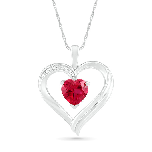 7.0mm Lab-Created Ruby and Diamond Accent Shadow Heart Pendant in Sterling Silver