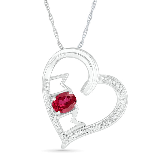 Oval Lab-Created Ruby and Diamond Accent "MOM" Tilted Heart Pendant in Sterling Silver
