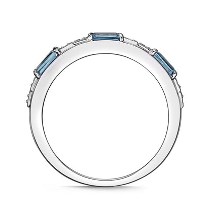 Baguette Swiss Blue and White Topaz Duo Alternating Three Stone Band in Sterling Silver