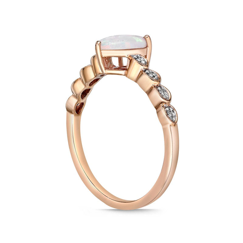 Pear-Shaped Lab-Created Opal and Diamond Accent Layered Scallop Shank Ring in Solid 10K Rose Gold