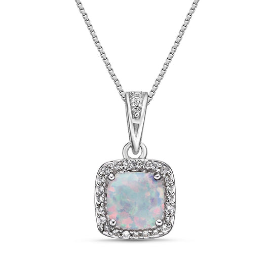 6.0mm Cushion-Cut Lab-Created Opal and White Sapphire Frame Pendant in Sterling Silver