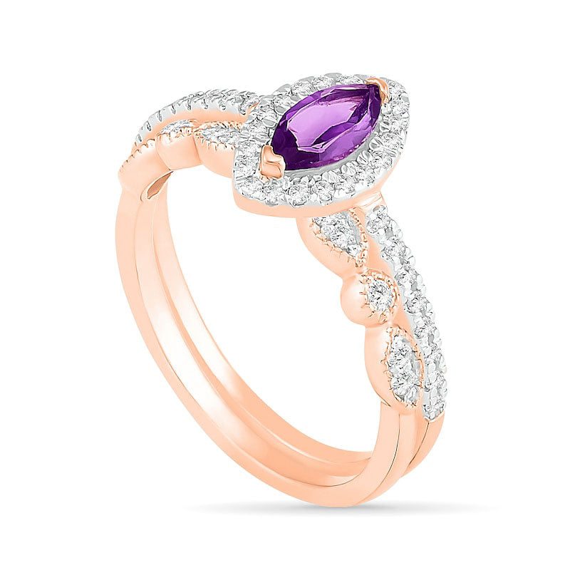 Marquise Amethyst and Lab-Created White Sapphire Frame Antique Vintage-Style Bridal Engagement Ring Set in Solid 10K Rose Gold