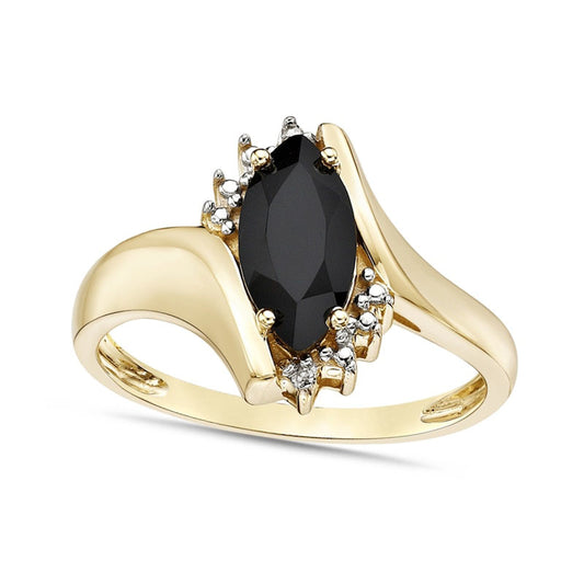 Marquise Black Onyx and Natural Diamond Accent Beaded Starburst Border Bypass Ring in Solid 10K Yellow Gold