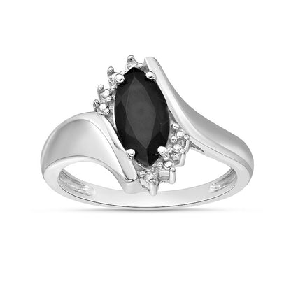 Marquise Black Onyx and Natural Diamond Accent Beaded Starburst Border Bypass Ring in Solid 10K White Gold