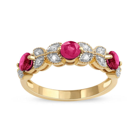 4.0mm Ruby and 0.10 CT. T.W. Natural Diamond Leaf Accents Antique Vintage-Style Three Stone Ring in Solid 10K Yellow Gold