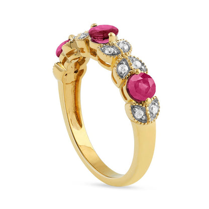 4.0mm Ruby and 0.10 CT. T.W. Natural Diamond Leaf Accents Antique Vintage-Style Three Stone Ring in Solid 10K Yellow Gold