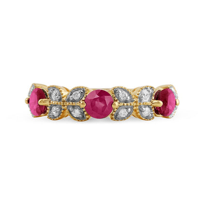 4.0mm Ruby and 0.10 CT. T.W. Natural Diamond Leaf Accents Antique Vintage-Style Three Stone Ring in Solid 10K Yellow Gold