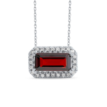 Sideways Emerald-Cut Garnet and White Lab-Created Sapphire Octagonal Frame Necklace in Sterling Silver