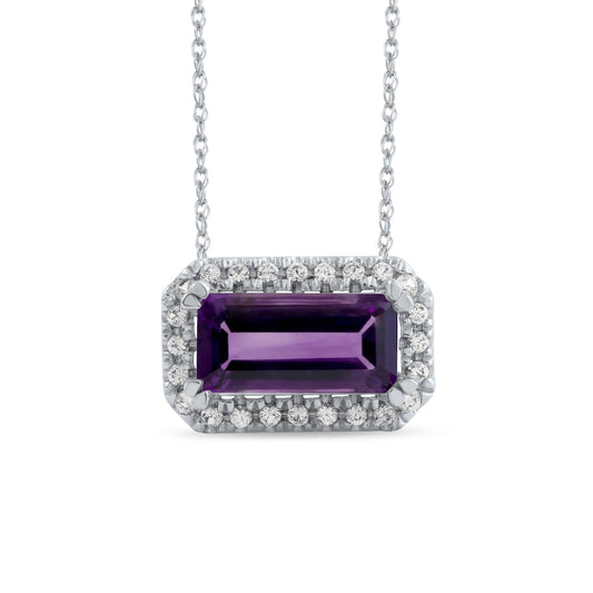 Sideways Emerald-Cut Amethyst and White Lab-Created Sapphire Octagonal Frame Necklace in Sterling Silver