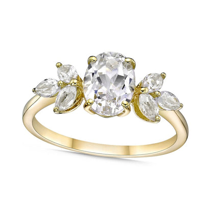 Oval Lab-Created White Sapphire Leaf Accent Tri-Sides Ring in Solid 10K Yellow Gold