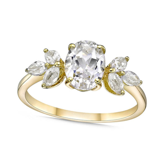 Oval Lab-Created White Sapphire Leaf Accent Tri-Sides Ring in Solid 10K Yellow Gold