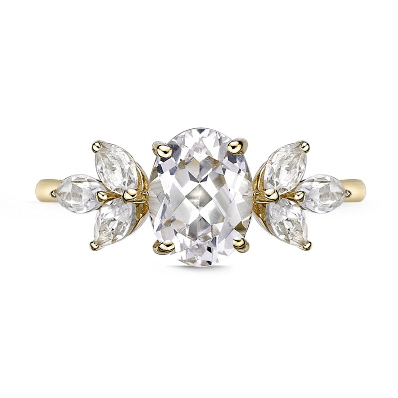Oval Lab-Created White Sapphire Leaf Accent Tri-Sides Ring in Solid 10K Yellow Gold