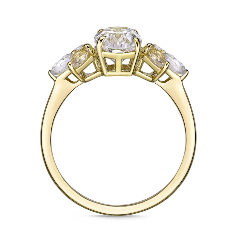 Oval Lab-Created White Sapphire Leaf Accent Tri-Sides Ring in Solid 10K Yellow Gold