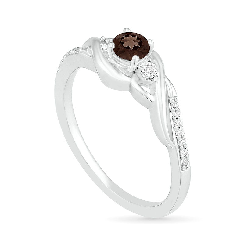 4.0mm Smoky Quartz and 0.05 CT. T.W. Natural Diamond Bypass Frame Twist Shank Ring in Sterling Silver