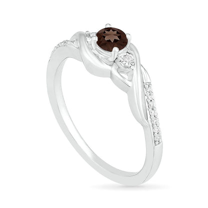 4.0mm Smoky Quartz and 0.05 CT. T.W. Natural Diamond Bypass Frame Twist Shank Ring in Sterling Silver