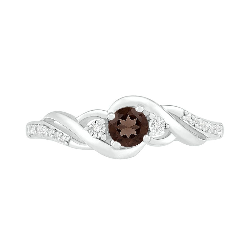 4.0mm Smoky Quartz and 0.05 CT. T.W. Natural Diamond Bypass Frame Twist Shank Ring in Sterling Silver