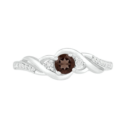 4.0mm Smoky Quartz and 0.05 CT. T.W. Natural Diamond Bypass Frame Twist Shank Ring in Sterling Silver