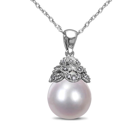 10.0-10.5mm Baroque Cultured South Sea Pearl and 0.05 CT. T.W. Natural Diamond Antique Vintage-Style Pendant in 14K White Gold - 17"