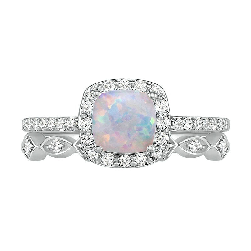 6.0mm Cushion-Cut Lab-Created Opal and 0.25 CT. T.W. Diamond Frame Art Deco Bridal Engagement Ring Set in Solid 10K White Gold