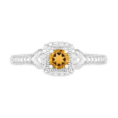4.0mm Citrine and 0.05 CT. T.W. Natural Diamond Cushion Frame Chevron Side Accent Antique Vintage-Style Ring in Sterling Silver