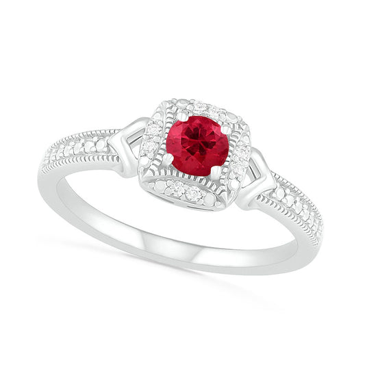 4.0mm Lab-Created Ruby and 0.05 CT. T.W. Diamond Cushion Frame Chevron Side Accent Antique Vintage-Style Ring in Sterling Silver
