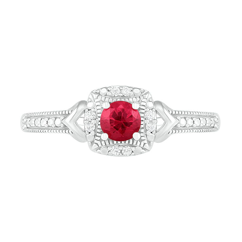 4.0mm Lab-Created Ruby and 0.05 CT. T.W. Diamond Cushion Frame Chevron Side Accent Antique Vintage-Style Ring in Sterling Silver