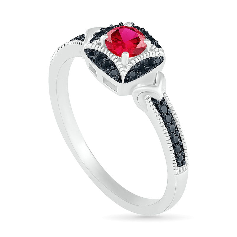 Lab-Created Ruby and 0.05 CT. T.W. Enhanced Black Diamond Cushion Frame Chevron Antique Vintage-Style Ring in Sterling Silver